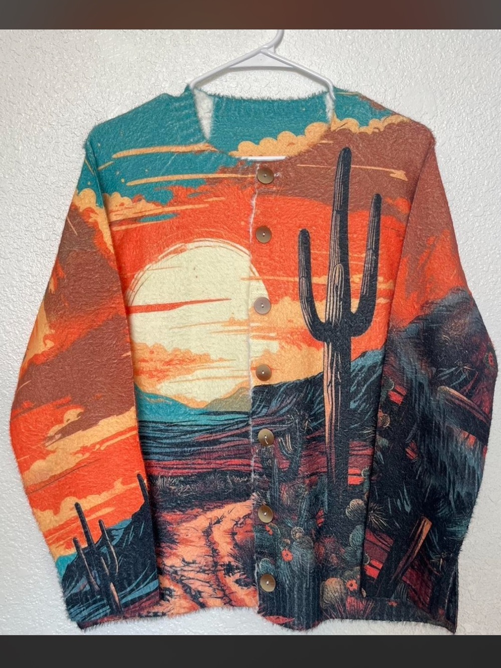 Desert Sunset Button-Up Cardigan with Cactus Motif